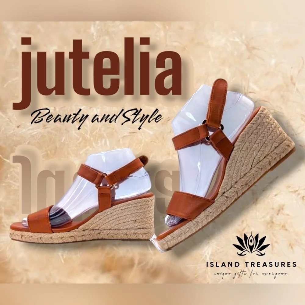 NEW Jutelia Made In Spain Brown Leather Espadrilles Raffia Braided Wedge Sz 7.5